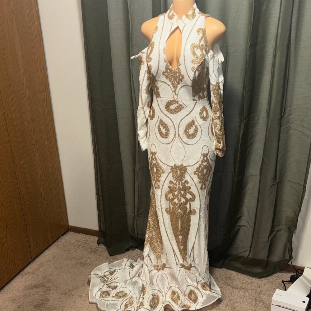 Elegant White and Gold Evening Gown